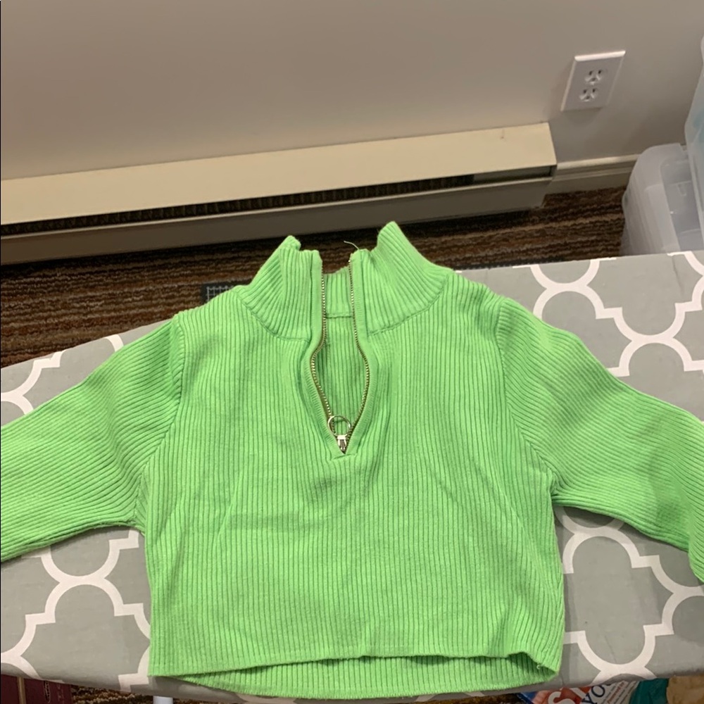 Green Half-Zip Cropped High Neck Sweater